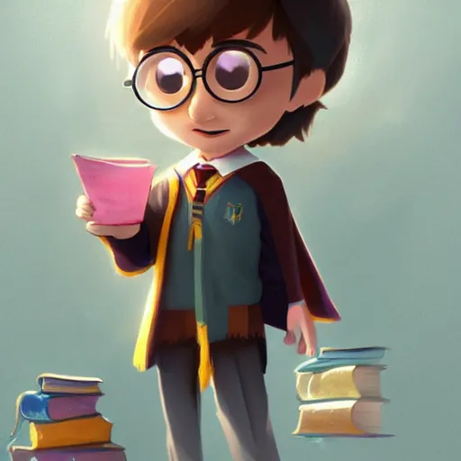 Prompt: a wholesome animation key shot of a cute chibi harry potter student, colorful, pixar and disney animation, sharp, very detailed, high resolution, key art by greg rutkowski, bloom, dramatic lighting