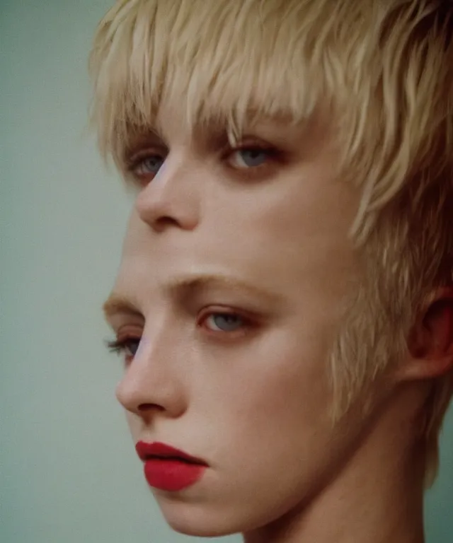 Image similar to a color photograph of edie campbell, bleached blonde short hair, by nan goldin, intense, bold, hyperrealistic, ultra sharp, extra details, ultra high quality, trending on pinteresst