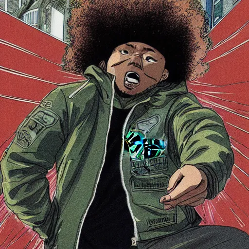 Image similar to illustration by katsuhiro otomo, black man with afro hair, raspy beard stubble, wearing an adidas army green jacket, in the streets of tokyo, akira style, by katsuhiro otomo