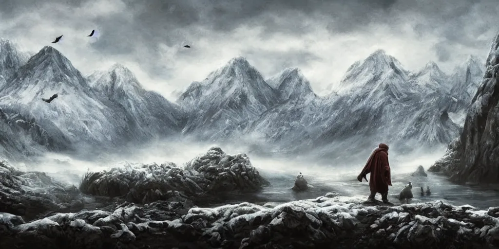 Image similar to A majestic landscape featuring a river, mountains and a forest. A small group of birds is flying in the sky. Harsh winter. very windy. There is a man walking in a deep snow.Camera is positioned behind the man. Cinematic, very beautiful, painting in the style of Lord of the rings