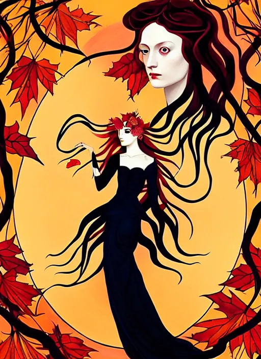 Prompt: 3 Autumn Muses symbolically representing September, October, and November, in a style blending Æon Flux, Peter Chung, Shepard Fairey, Botticelli, Ivan Bolivian, and John Singer Sargent, inspired by pre-raphaelite paintings, shoujo manga, and cool Japanese street fashion, dramatic autumn landscape, leaves falling, deep sunset tones, hyper detailed, super fine inking lines, ethereal and otherworldly, 4K extremely photorealistic, Arnold render