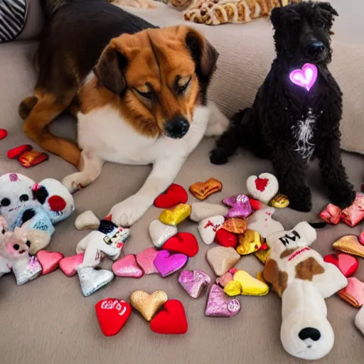 Image similar to dogs surrounded by cuddly toys and love hearts