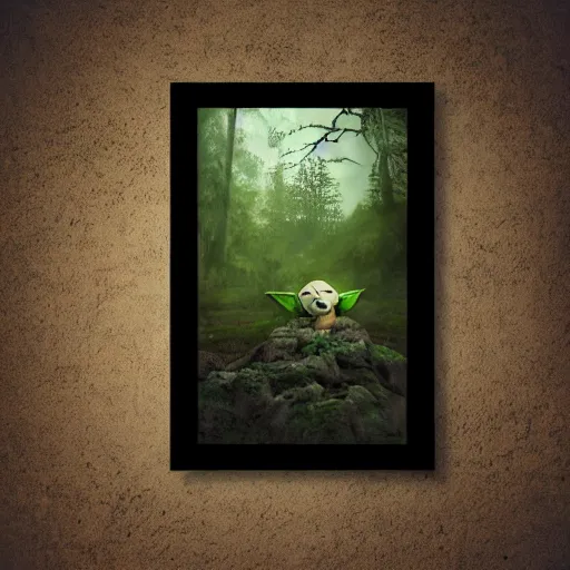 Image similar to high - angle view, shot from 5 0 feet distance, baby yoda on a well lit path in a dimly lit forest. dramatic clouds, setting sun. oil on canvas, digital art, light, shadow, contrast, detailed, depth, volume, chiaroscuro, drama, quiet intensity, realism