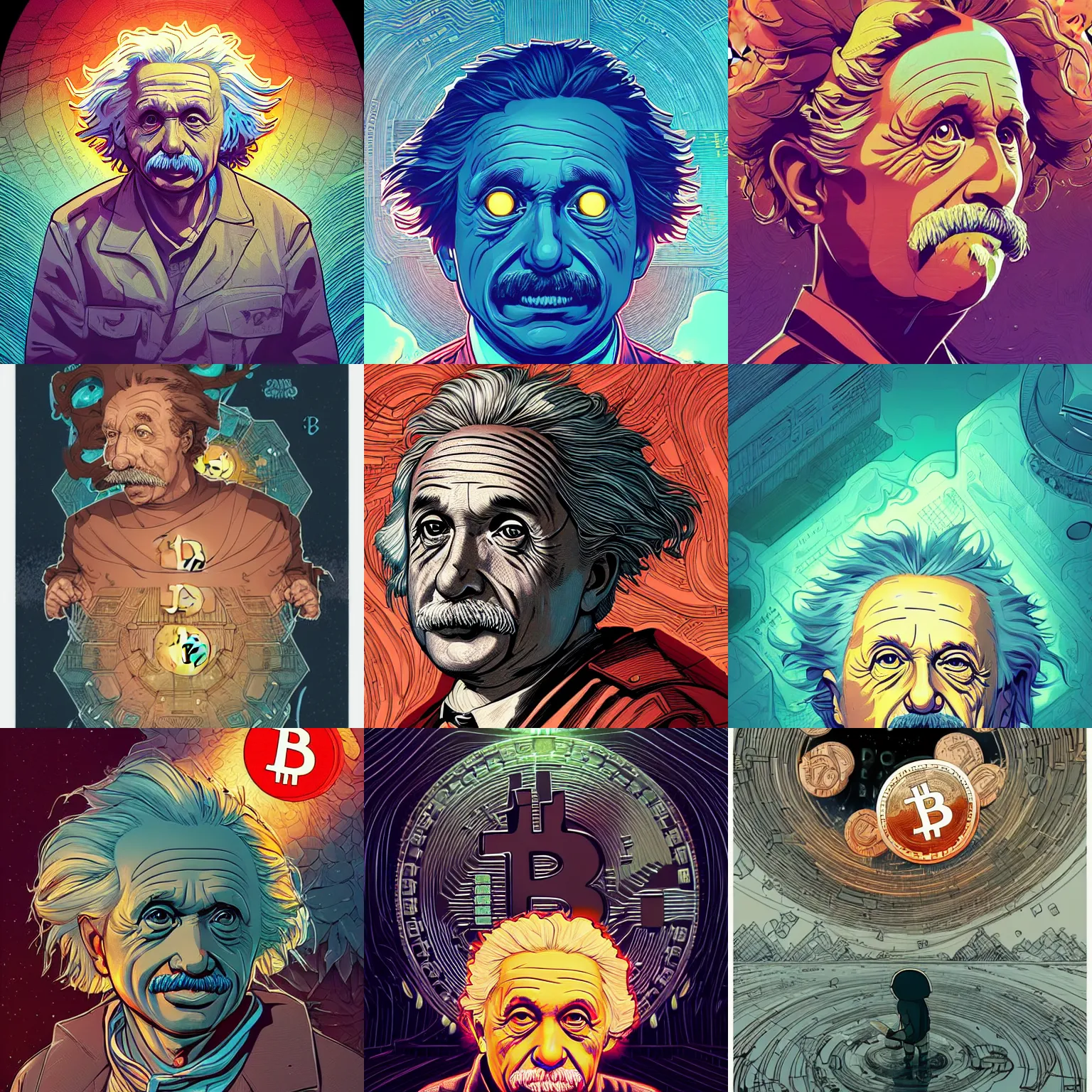 Prompt: cell shaded bitcoin eyes of einstein, llustration, concept art by josan gonzales and wlop, by james jean, victo ngai, david rubin, mike mignola, laurie greasley, highly detailed, sharp focus, logo trending on artstation, hq, deviantart, art by artgem