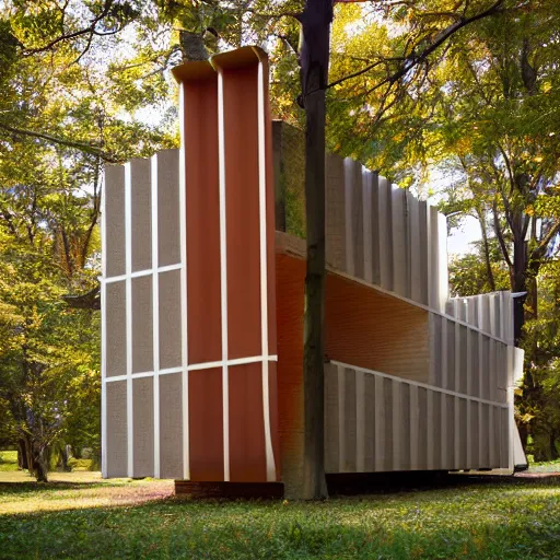 Image similar to modern Frank Lloyd Wright temporary shelter, architectural detail, DLSR Photography