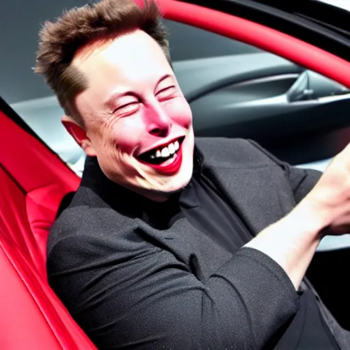 Prompt: a laughing Elon Musk sitting in a Tesla, the car is in deep space and heading for a massive sun,