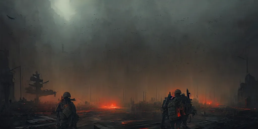 Image similar to world war 3, detailed intricate illustration, dark atmosphere, detailed illustration, hd, 4 k, digital art, overdetailed art, by greg rutkowski, by loish, complementing colors, trending on artstation, deviantart