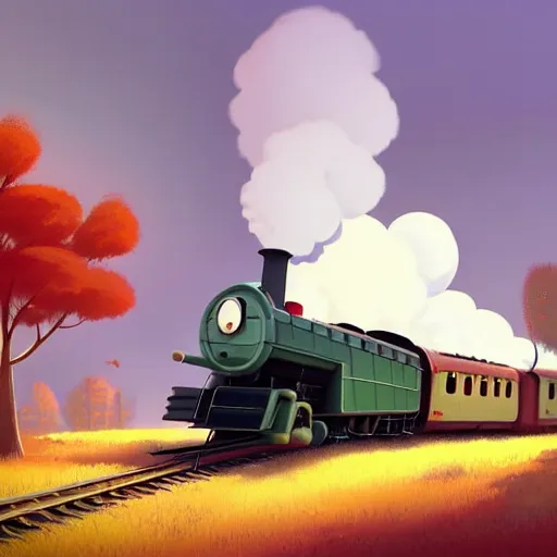 Image similar to Goro Fujita illustrating An antique steam train with a large white cloud coming out of the chimney travels through a beautiful autumn forest along the railroad tracks, art by Goro Fujita, concept art, sharp focus, ArtStation