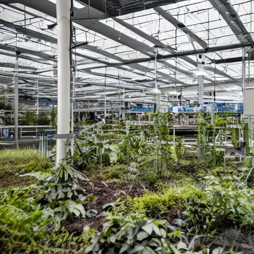 Image similar to an abandoned ikea store covered with vegetation, realistic, nikon