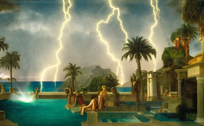 Image similar to mediterranean balustrade and columns, refracted lightnings on the ocean, thunderstorm, fountain, greek pool, beach and Tropical vegetation on the background major arcana sky and occult symbols, by paul delaroche, hyperrealistic 4k uhd, award-winning, very detailed paradise