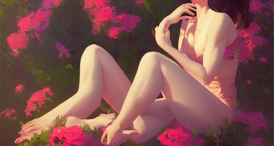 Image similar to a full - body female, with flowers inplace of clothes, night setting. realistic shaded lighting poster by ilya kuvshinov katsuhiro, magali villeneuve, artgerm, jeremy lipkin and michael garmash, rob rey and kentaro miura style, trending on art station pinhole photography