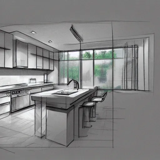 Prompt: modern outside kitchen design, designer pencil sketch, HD resolution