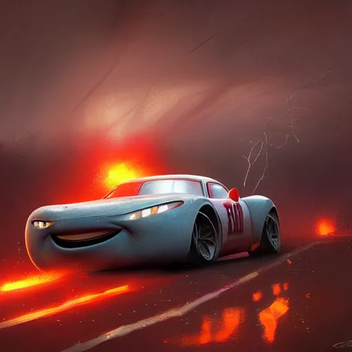 Image similar to lightning mcqueen crash in heavily by greg rutkowski