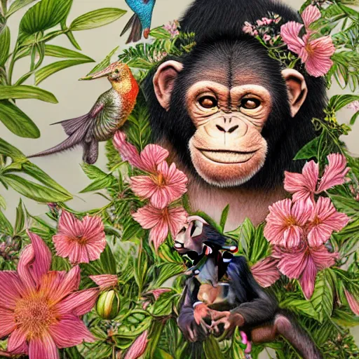 Image similar to beautiful young female chimpanzee surrounded by hummingbirds and fine floral ornaments, eye - level medium - angle shot, intricate, floral background, by esao andrews, by m. w. kaluta, by yoshita amano, intricate, symmetrical, natural lighting, smooth, 3 d octane render, depth perception, 4 k,, artstation