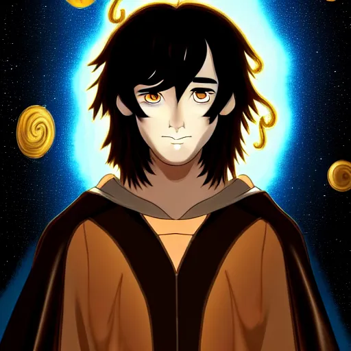 Prompt: a man with with brown hair and eyes with stars and galaxies in his eyes, wearing a black robe with the tips made of gold, anime, trending on artstation, high quality