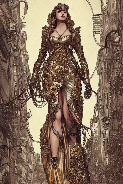 Prompt: brass semi - mechanical woman, portrait, floral art nouveau dress, art by ardian syaf and moebius, in steampunk cityscape