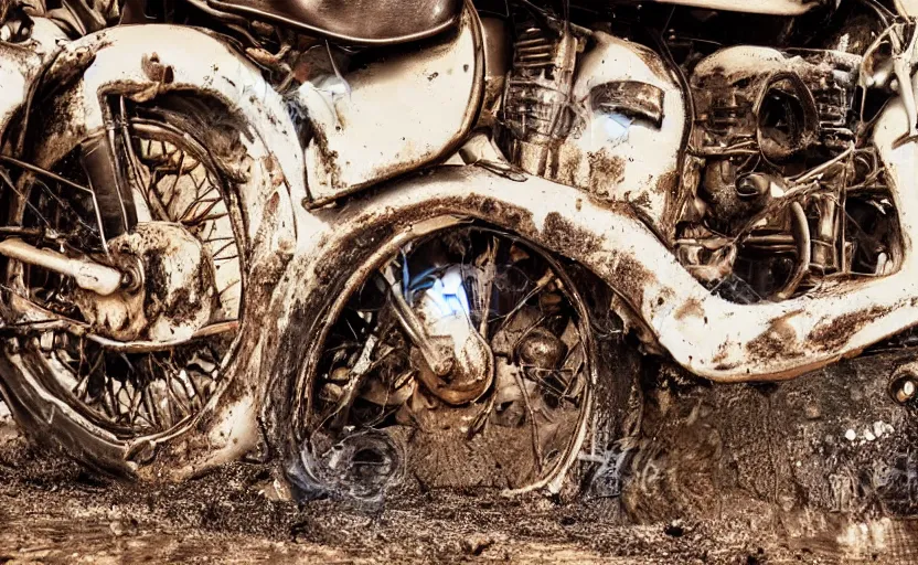 Prompt: close up shot of 1 9 4 0's motorbikes rotted and rusted puddles reflecting, dirty oily style