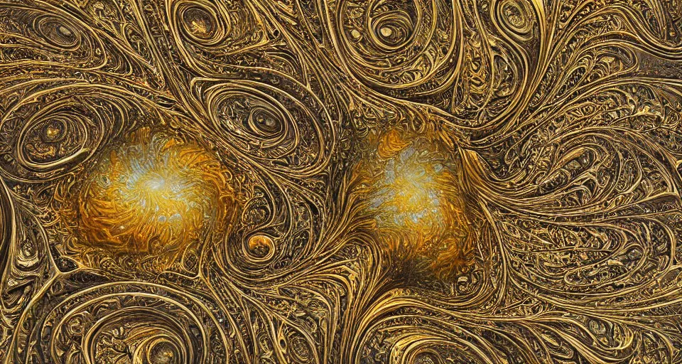 Image similar to Extreme close up of intricate fractal, Bronze luscious ridged problems by Jacek Yerka and Ernst Haeckel, oil painting, cgsociety, abstract fractal art