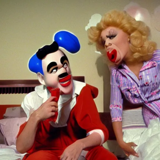 Image similar to bored housewife meets a man with an inflatable cartoon face in a seedy motel room, 1982 color Fellini film, ugly motel room with bad art on the dirty walls, archival footage, technicolor film, 16mm, live action, John Waters, wacky children's tv campy comedy