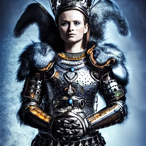 Prompt: portrait of scandinavian valkyrie with strong beautiful face in armour insanely ornamented with north decorations, incredible detailed, mysterious atmosphere with ice and fire on the background, annie leibovitz style, fashion photo for vogue with good light