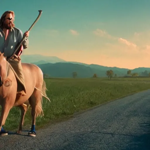 Image similar to big lebowski riding a unicorn, cinematic lighting, award winning photography