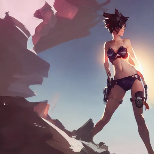 Image similar to tracer in bikini, cinematic lighting, dramatic atmosphere, artwork by dustin nguyen, akihiko yoshida, greg tocchini, greg rutkowski, cliff chiang, 4 k resolution, trending on artstation