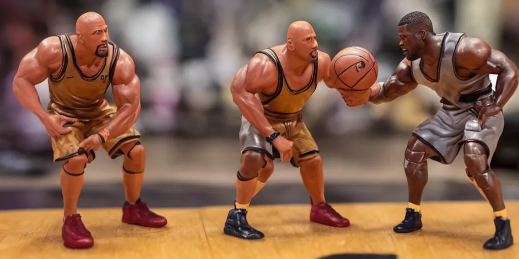 Image similar to wax figurines of Dwayne Johnson and Kevin Hart playing basketball