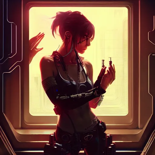 Prompt: art by ross tran, portrait of cyberpunk woman looking out of a window, cyberpunk setting, futuristic, highly detailed, intricate lighting, digital painting, sharp focus, illustration, trending on artstation.