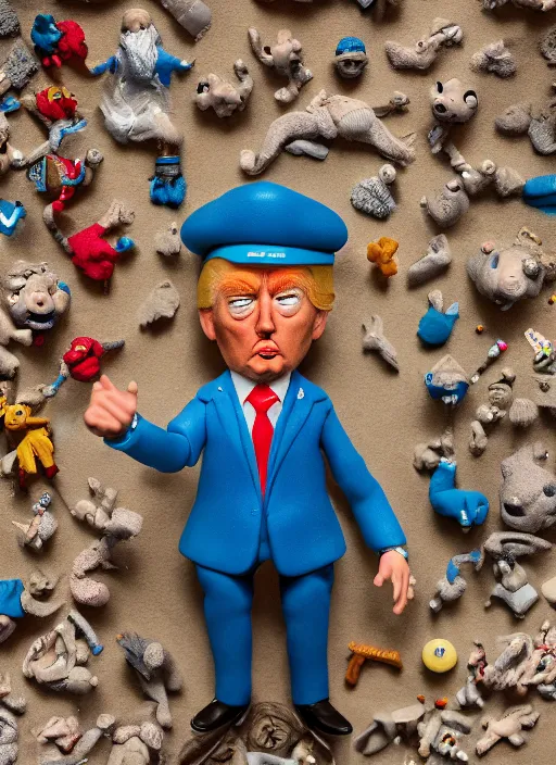 Prompt: product photography of a claymation action figure baby donald trump, depth of field, zeiss lens, detailed, centered, by erwin olaf, joop geesink, wes anderson, breathtaking, 8 k resolution, extremely detailed, beautiful, establishing shot, realistic materials, hyperrealistic