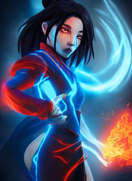 Prompt: azula from avatar the last airbender posing, blue flames, firebending, dark atmosphere, cinematic shot, intricate, ornate, photorealistic, ultra detailed, realistic, 1 0 0 mm, photography, octane, high definition, depth of field, realism, 8 k, artstation