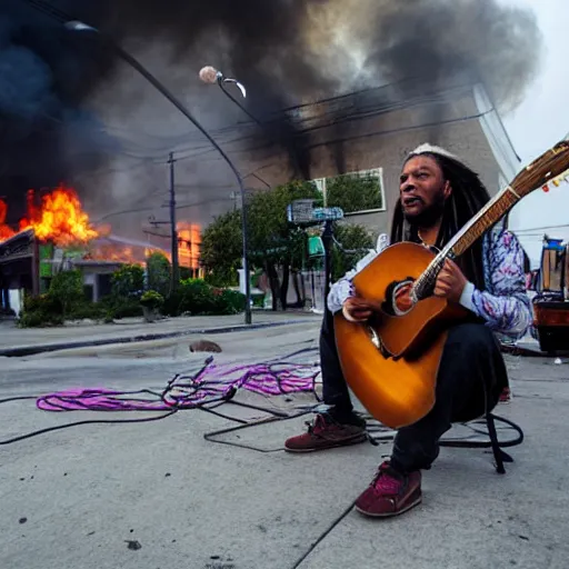 Prompt: man with dreadlocks playing guitar in front of burning building in New Orleans