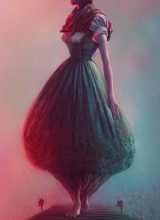 Prompt: alice wonderland detailed dress, half body shot, arms down, path traced, highly detailed, high quality, digital painting, alena aenami, arnold bocklin, tom bagshaw