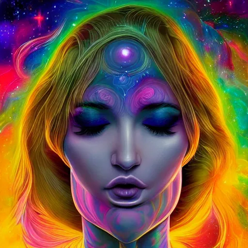 Image similar to a portrait of kim petras with her eyes closed, galaxy colored psychedelic chakra awakening kundalini ethereal vibes, transcending to a higher plane of existence, eternal blessing, multiverse, by android jones, by ben ridgeway, visionary art, by artgerm, featured on artstation, cgsociety, by greg rutkowski