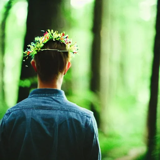 Image similar to kodak portra 4 0 0 photograph of a skinny blonde guy standing in dark forest with fireflies in the air, back view, flower crown, moody lighting, telephoto, 9 0 s vibe, blurry background, vaporwave colors, faded!,