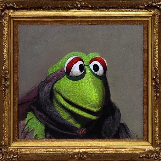 Image similar to portrait of kermit the frog by theodore ralli and nasreddine dinet and anders zorn and nikolay makovsky and edwin longsden long