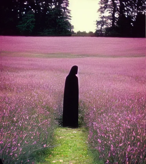 Prompt: tall hooded shadow person figure standing in beautiful meadow of flowers, film photo from 1970s, grainy, high detail, high resolution