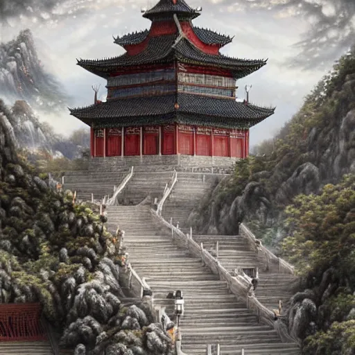 Image similar to dynamic composition, motion, ultra-detailed, incredibly detailed, a lot of details, amazing fine details and brush strokes, colorful and grayish palette, smooth, HD semirealistic anime CG concept art digital painting, watercolor oil painting of epic castle gate, from Three Kingdoms, by a Chinese artist at ArtStation, by Huang Guangjian, Fenghua Zhong, Ruan Jia, Xin Jin and Wei Chang. Realistic artwork of a Chinese videogame, gradients, gentle an harmonic grayish colors.