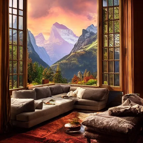 Image similar to fantastical living room with switzerland landscape in the window by marc adamus, beautiful dramatic lighting, high definition