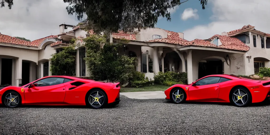 Prompt: a stunning photograph of a ferrari in front of a beautiful house with a girl next to the car singing, car lights on, 8 k, natural lighting