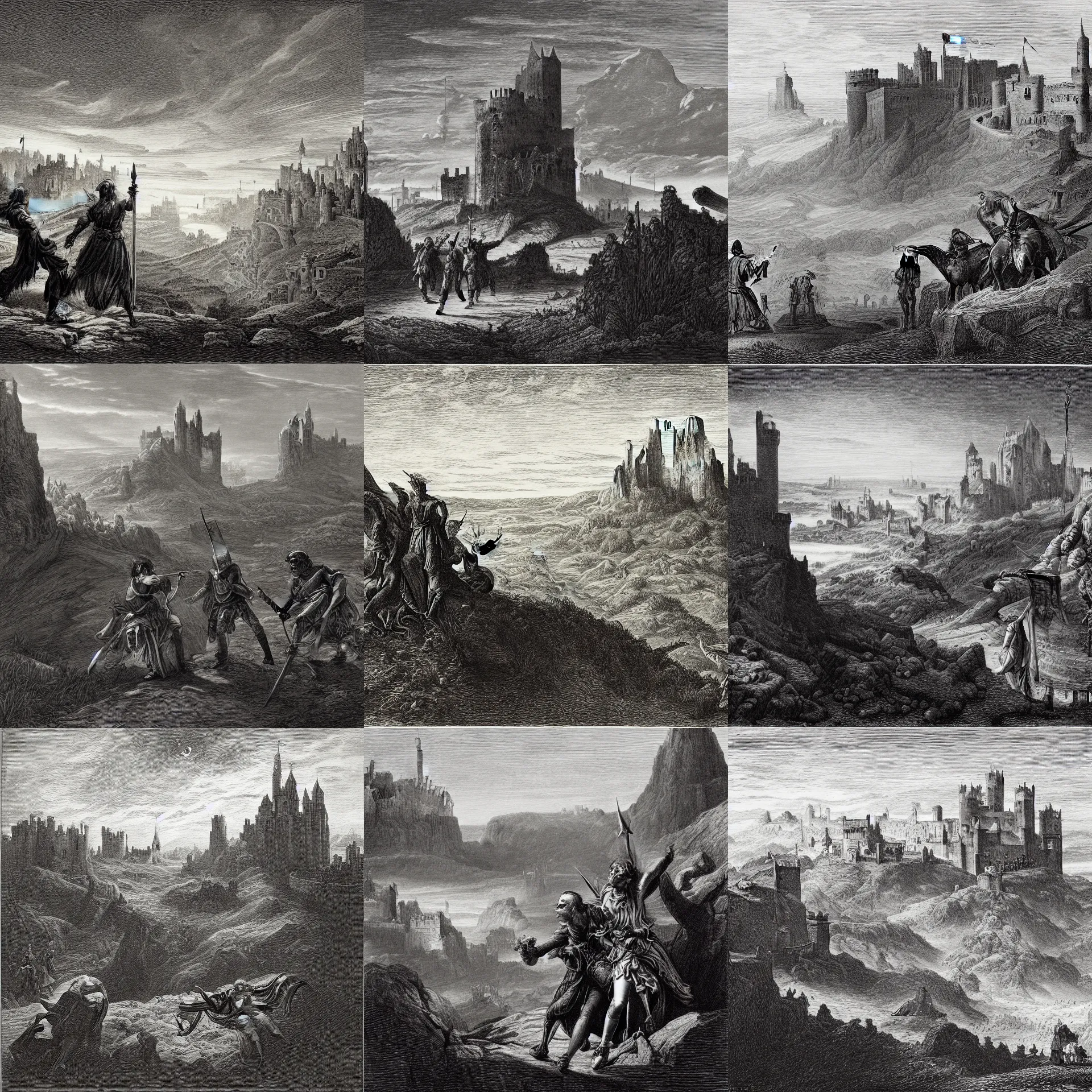 Prompt: an engraving of king arthur and mordred duelling in a wasteland with a castle in the background by gustave dore, caspar david friedrich, ian miller, highly detailed, strong shadows, depth, lithograph engraving