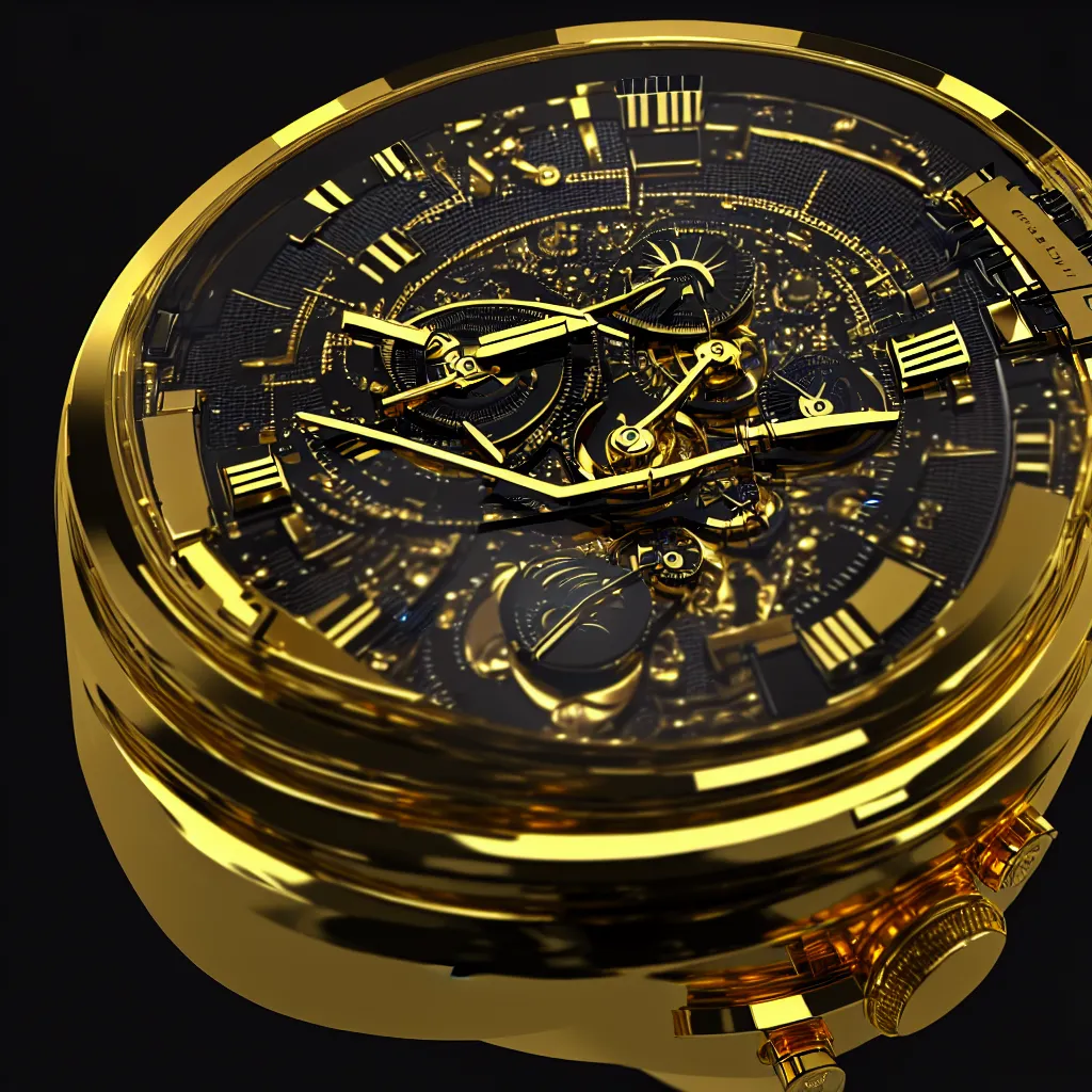 Prompt: full product photo of a 5 million dollar luxury men's watch with gold electronics and neon cybernetics, 4 k photorender realityengine