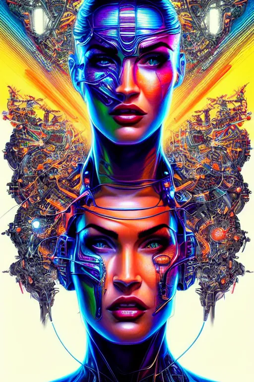 Prompt: Portrait of Megan Fox wearing epic bionic cyborg implants of different vibrant colors, detailed intricate ornate cables connected to head, portrait front face reference, by Dan Mumford and Naoto Hattori, extremely beautiful and proportionate, masterpiece, intricate, highly detailed, digital painting, Blade Runner, artstation, concept art, crepuscular rays, smooth, sharp focus, illustration, background made from fractals of vibrant universe stars, cyberpunk colors, volumetric lighting, art by artgerm and james jean and Nick Sullo