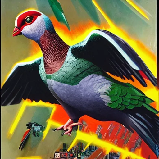 Image similar to action pigeon hero Michael Bay movie poster featuring Marvel Majestic Fat Pigeon in a extravagant full pigeon body green suit by Alex Ross, oil painting