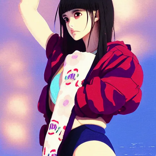 Image similar to a beautiful japanese natalie portman gravure model, wearing oversized native designer bomber jacket and leotard with overalls, bulky poofy bomber jacket with mesoamerican patterns, mesoamerican native street fashion, gapmoe yandere grimdark, trending on pixiv fanbox, painted by greg rutkowski makoto shinkai takashi takeuchi studio ghibli, akihiko yoshida