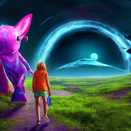 Prompt: weary traveller wandering through an alien world, by lisa frank, 4 k, beautiful, cinematic dramatic