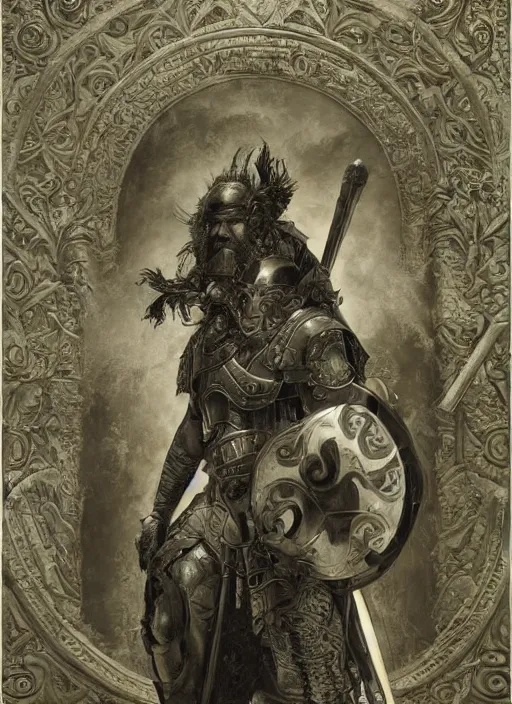 Image similar to highly detailed picture of great greek warrior with a shield, edge of the universe, symmetrical face, cinematic romantic magical, greek myth, masterpiece, from the book by gene wolfe, highly detailed painting by gustave dore