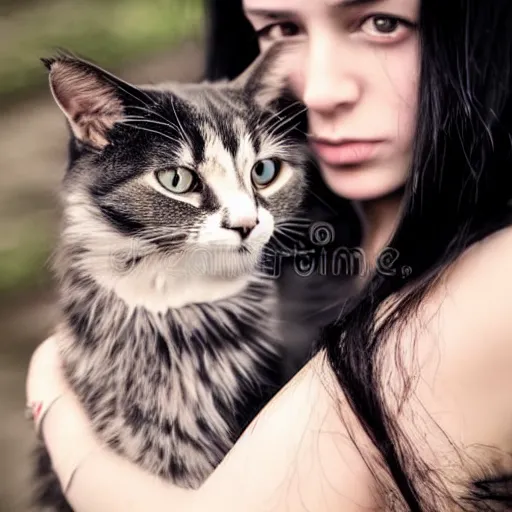 Image similar to a girl with long messy dark hair, ( ( ( goth style ) ) ), shiny eyes, holding a cat in her arms, a stock photo by juan villafuerte, pexels contest winner, high quality photo, rtx, hd, rasquache