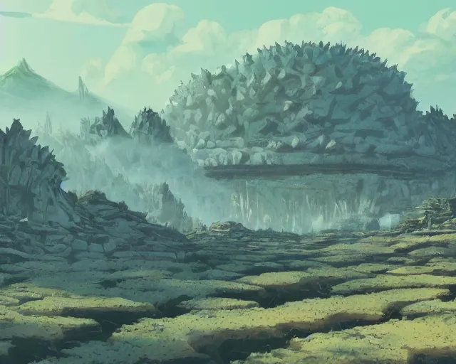 Image similar to landscape of flat wastelands, thin rocky spikes, studio ghibli style, hayao miyazaki, award winning photograph, highly detailed, artstation, hd wallpaper