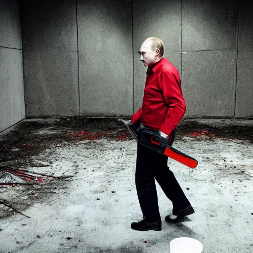 Prompt: putin with a chainsaw and a corpse. in a concrete bunker. focus on putins face with blood splatters. canon eos r 3, f / 1. 4, iso 1 6 0 0, 1 / 8 0 s, 8 k, raw, grainy