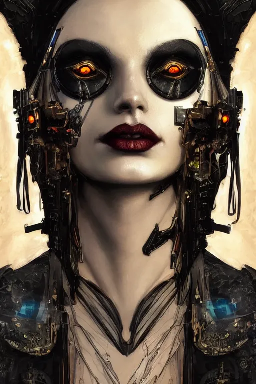 Prompt: portrait of beautiful gothic Margo Robbie, cyberpunk, Warhammer, highly detailed, artstation, illustration, art by Gustav Klimt